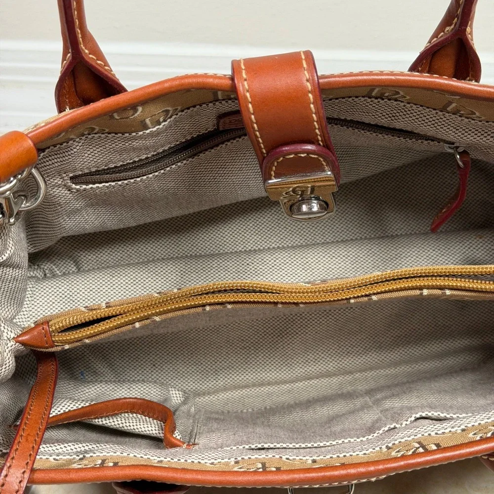 Dooney & Bourke Brown DB Monogram Canvas Leather Satchel Tote Bag Medium